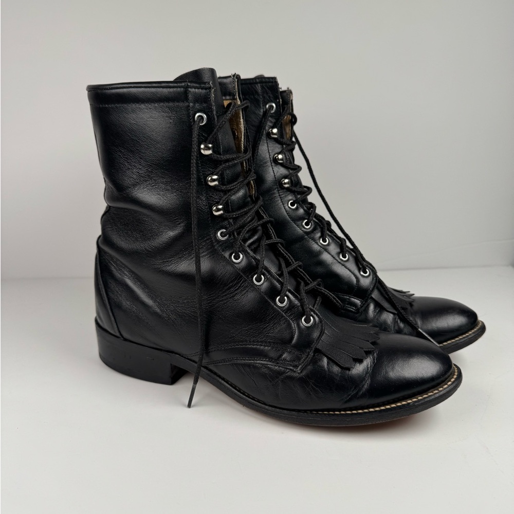 Laredo Vintage Lace Up Leather Kiltie Black Western Boots Booties Womens Sz 8D
